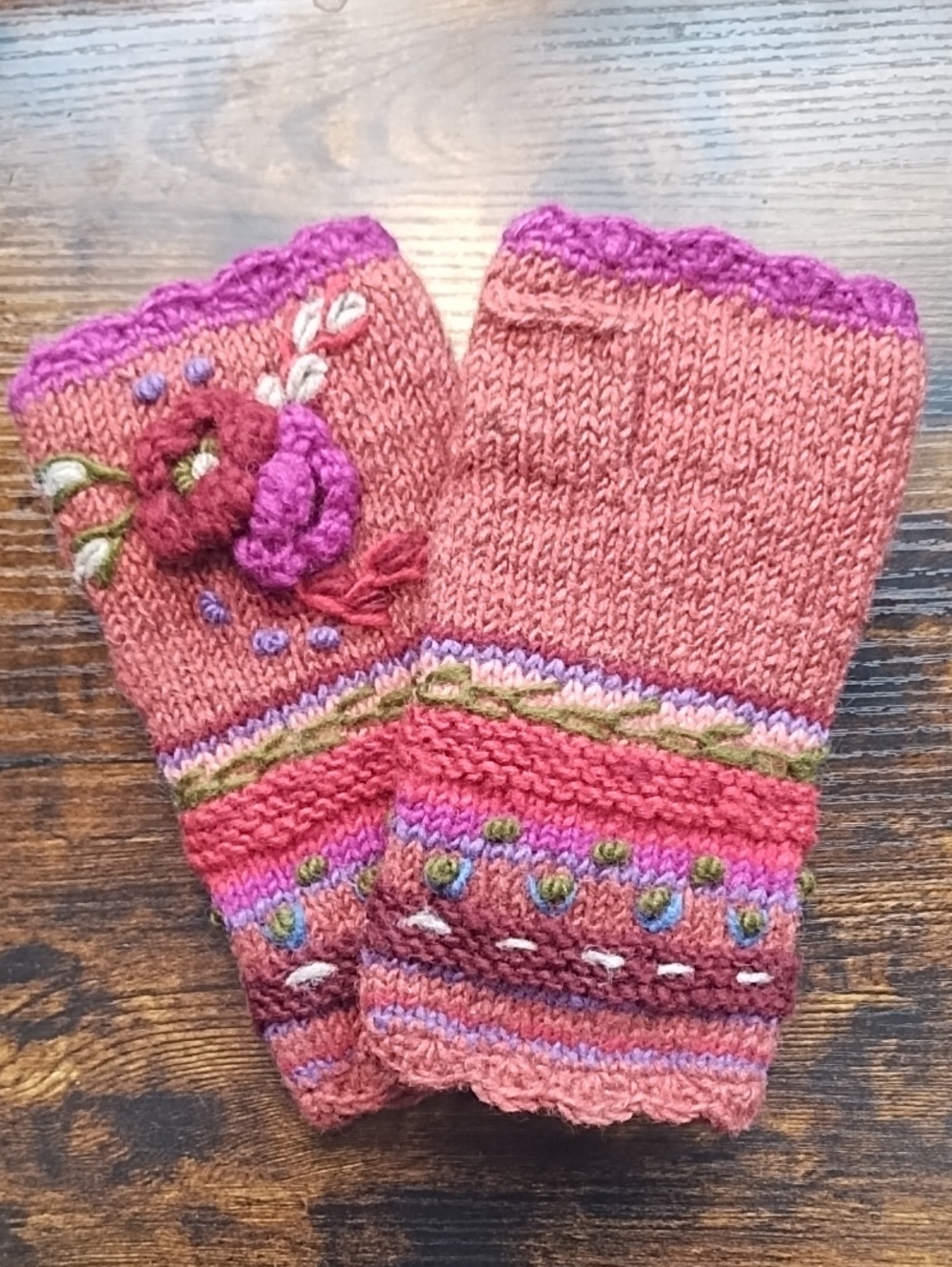 100% Wool Handwarmers Crochet Flowers Embroidery Fleece Lined Lassen Fair Trade
